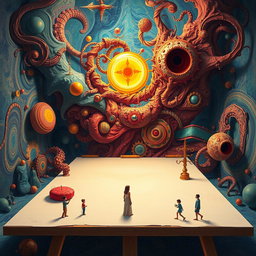 A surreal artistic representation of a poem being tested in a far-sighted intellect, with abstract elements symbolizing madness