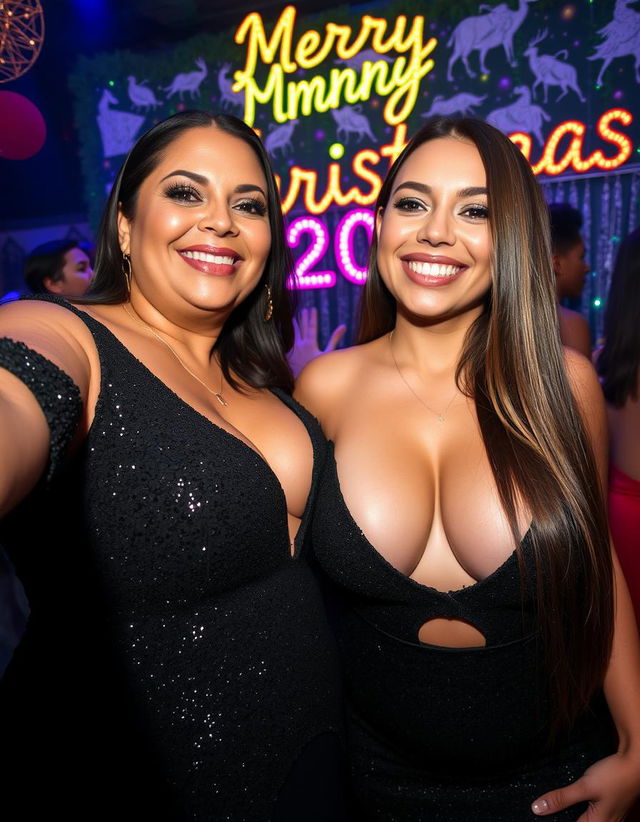 A close-up selfie of a glamorous couple at a festive night party