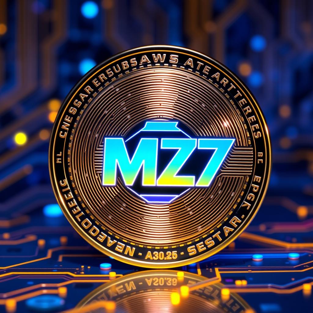 A digital currency coin featuring the logo "MZ7" prominently displayed in the center
