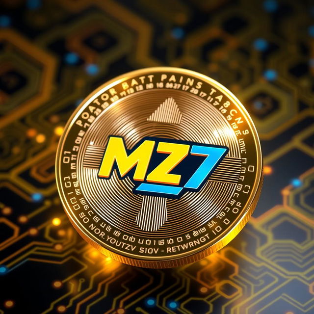 A digital currency coin featuring the logo "MZ7" prominently displayed in the center