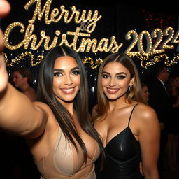 A close-up selfie of a glamorous couple at a nighttime party with a festive 'Merry Christmas 2024' banner in the background