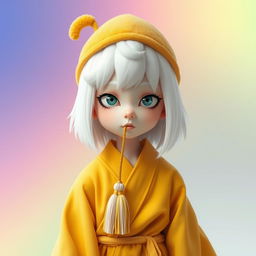 A slightly cross-eyed character with shoulder-length white hair, resembling fluffy candy floss