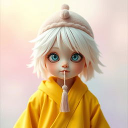 A slightly cross-eyed character with shoulder-length white hair, resembling fluffy candy floss