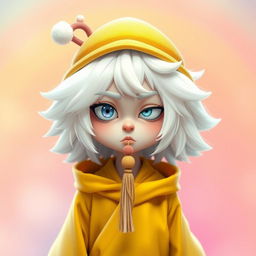 A slightly cross-eyed character with shoulder-length white hair, resembling fluffy candy floss