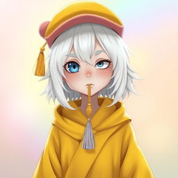 A slightly cross-eyed character with shoulder-length white hair, resembling fluffy candy floss