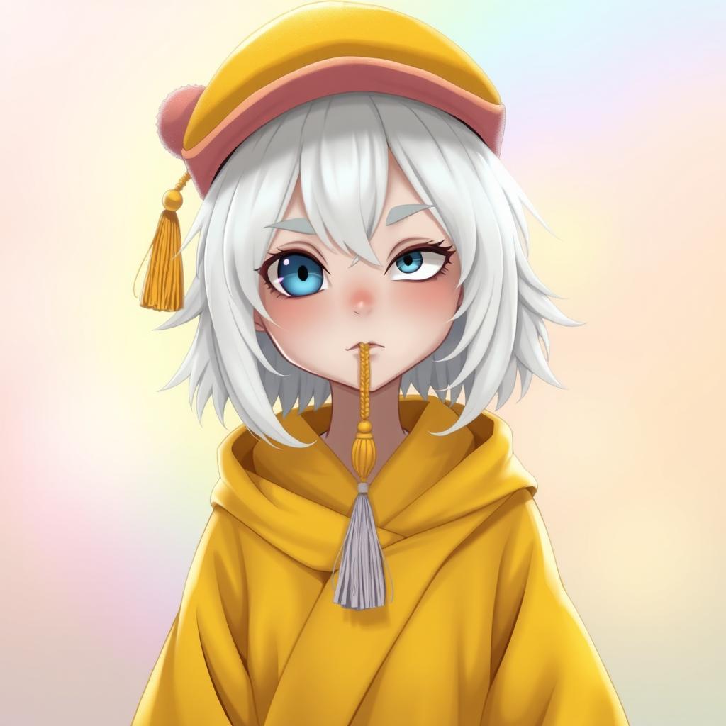 A slightly cross-eyed character with shoulder-length white hair, resembling fluffy candy floss