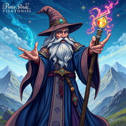 An intricate and vibrant illustration of a wizard casting a spell, with magical energy swirling around his hands