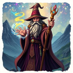 An intricate and vibrant illustration of a wizard casting a spell, with magical energy swirling around his hands