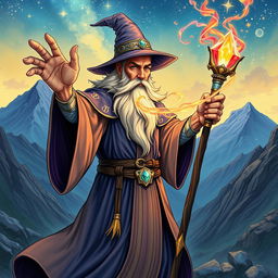 An intricate and vibrant illustration of a wizard casting a spell, with magical energy swirling around his hands