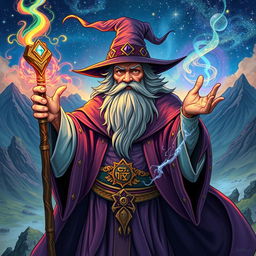 An intricate and vibrant illustration of a wizard casting a spell, with magical energy swirling around his hands