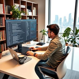 A typical AI/ML engineer focused on coding and data analysis in a modern office environment