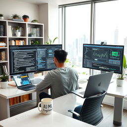 A typical AI/ML engineer focused on coding and data analysis in a modern office environment