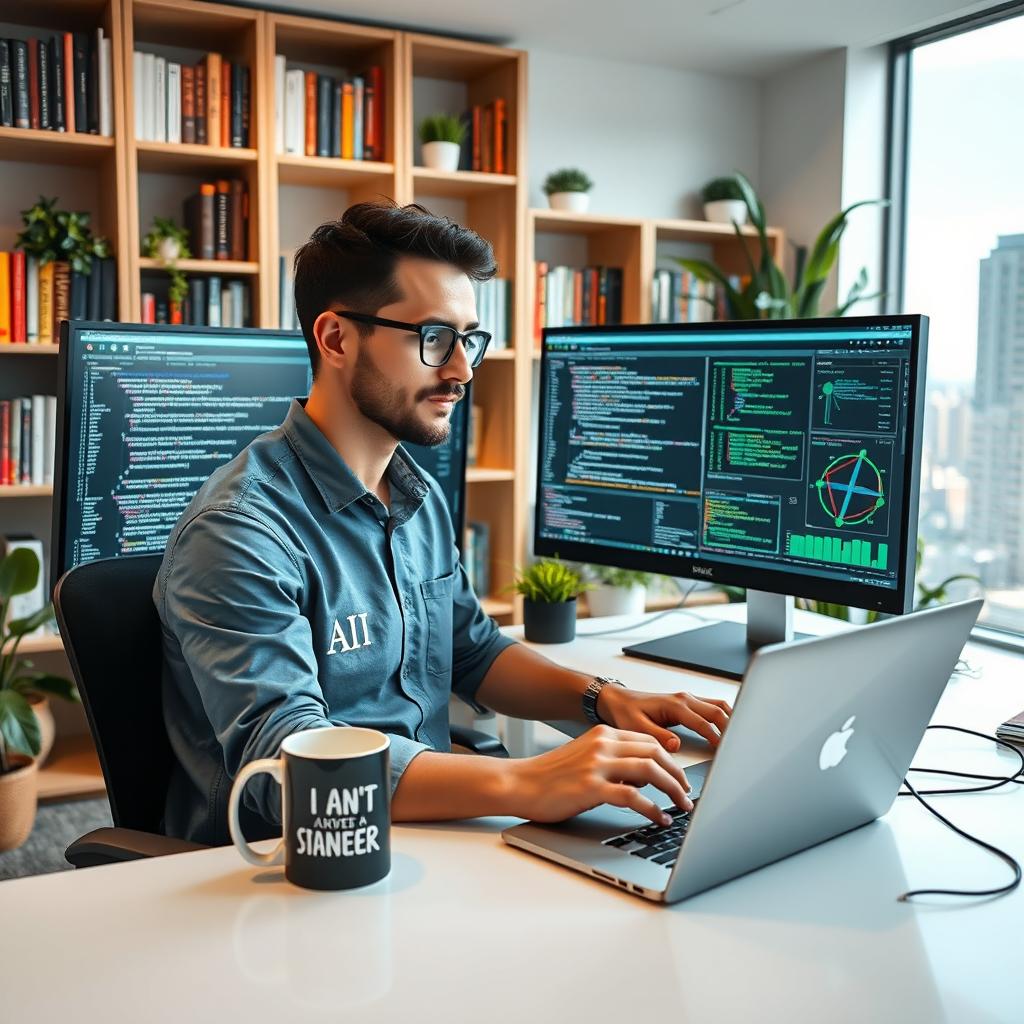 A typical AI/ML engineer focused on coding and data analysis in a modern office environment