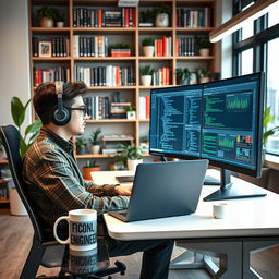 A typical AI/ML engineer focused on coding and data analysis in a modern office environment