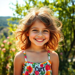 A girl with brown bushy hair and charming freckles, smiling brightly