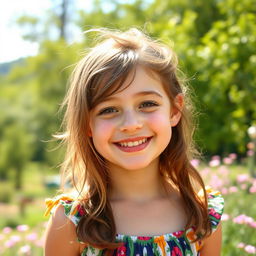 A girl with brown bushy hair and charming freckles, smiling brightly