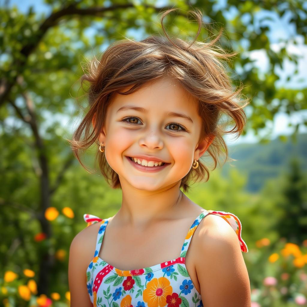 A girl with brown bushy hair and charming freckles, smiling brightly