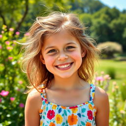 A girl with brown bushy hair and charming freckles, smiling brightly