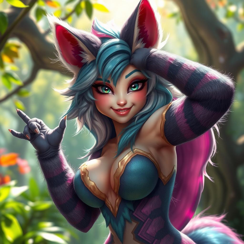 A sexy furry woman, beautifully designed with intricate and colorful fur patterns, striking a confident pose