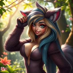 A sexy furry woman, beautifully designed with intricate and colorful fur patterns, striking a confident pose