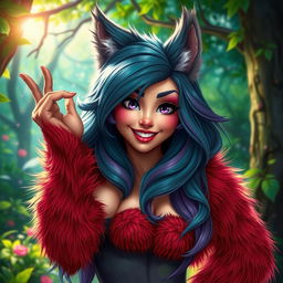A sexy furry woman, beautifully designed with intricate and colorful fur patterns, striking a confident pose