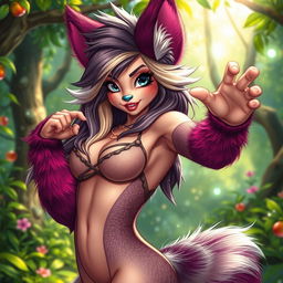 A sexy furry woman, beautifully designed with intricate and colorful fur patterns, striking a confident pose