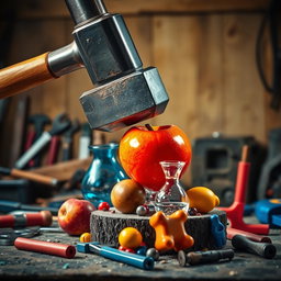 A dynamic and visually striking image of a heavy hammer about to crush various colorful objects like a fruit, a fragile vase, and a toy