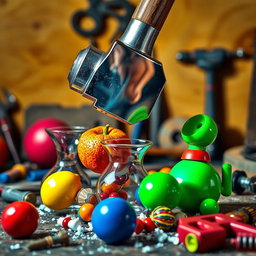 A dynamic and visually striking image of a heavy hammer about to crush various colorful objects like a fruit, a fragile vase, and a toy