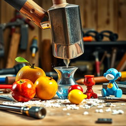 A dynamic and visually striking image of a heavy hammer about to crush various colorful objects like a fruit, a fragile vase, and a toy