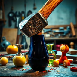 A dynamic and visually striking image of a heavy hammer about to crush various colorful objects like a fruit, a fragile vase, and a toy