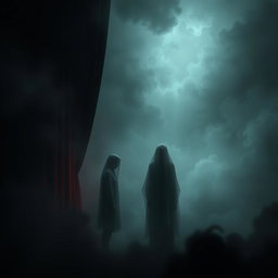 A surreal and thought-provoking scene illustrating the concept of eternity through an abstract conversation between two indistinct figures, shrouded in mystery