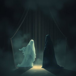A surreal and thought-provoking scene illustrating the concept of eternity through an abstract conversation between two indistinct figures, shrouded in mystery