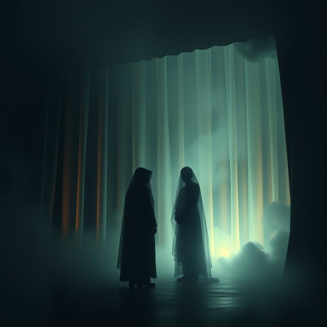 A surreal and thought-provoking scene illustrating the concept of eternity through an abstract conversation between two indistinct figures, shrouded in mystery