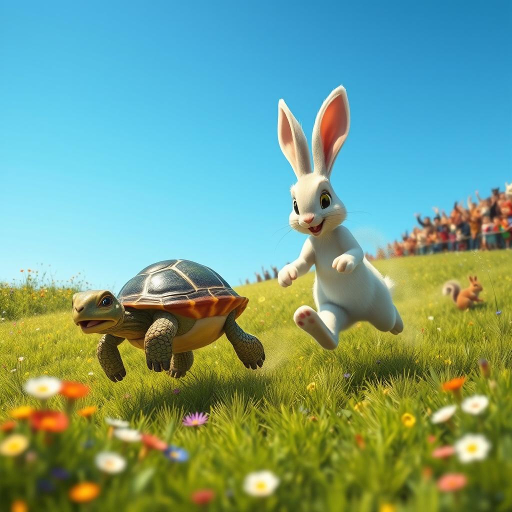 A whimsical scene of a turtle and a rabbit engaged in a lively running competition