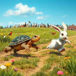 A whimsical scene of a turtle and a rabbit engaged in a lively running competition