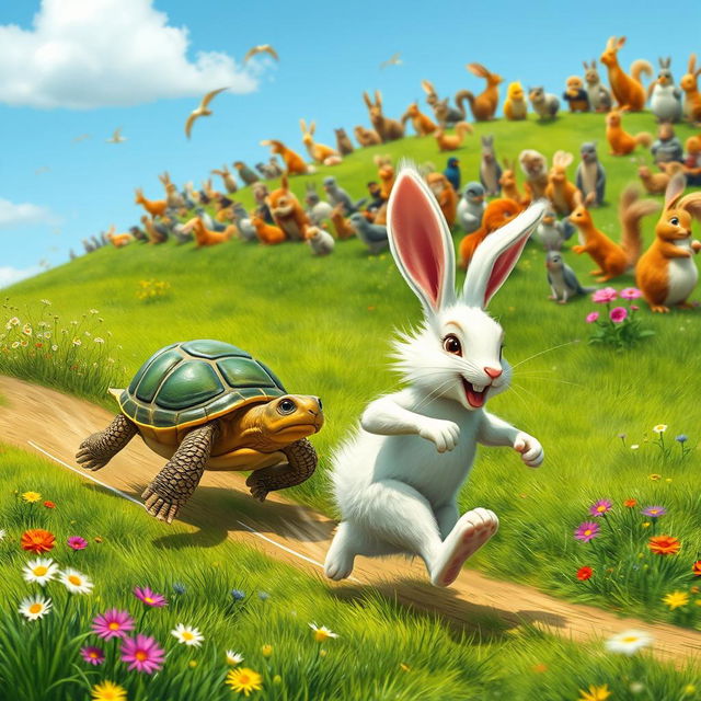 A whimsical scene of a turtle and a rabbit engaged in a lively running competition