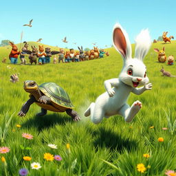 A whimsical scene of a turtle and a rabbit engaged in a lively running competition