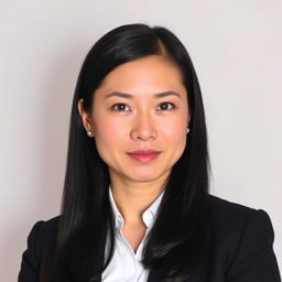 A woman with long black hair and an expression ready for a formal ID photo, wearing a crisp white blouse and a tailored dark blazer