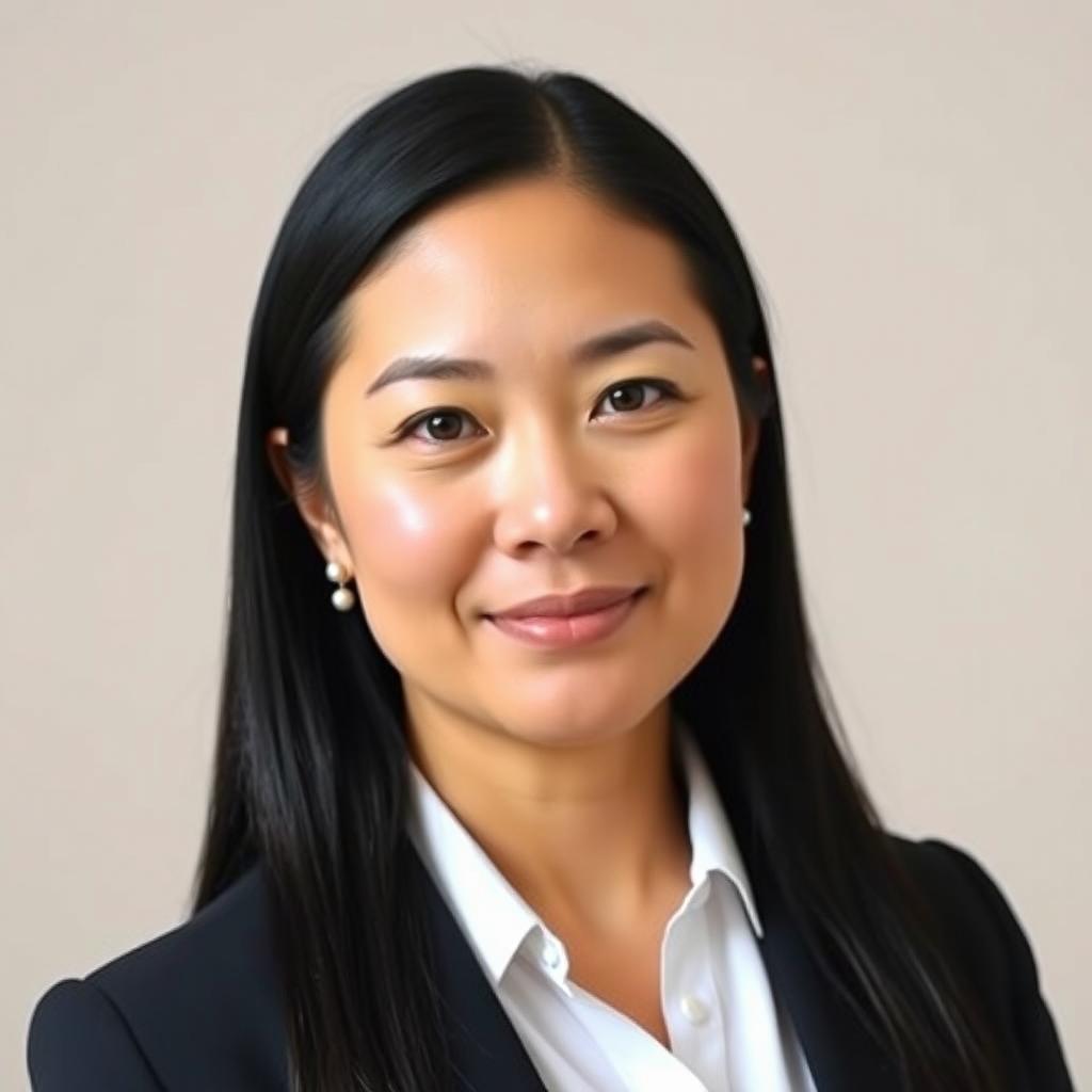 A woman with long black hair and an expression ready for a formal ID photo, wearing a crisp white blouse and a tailored dark blazer