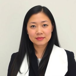 A woman with long black hair and an expression ready for a formal ID photo, wearing a crisp white blouse and a tailored dark blazer