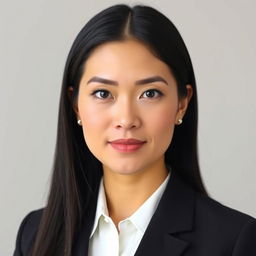 A woman with long black hair and an expression ready for a formal ID photo, wearing a crisp white blouse and a tailored dark blazer