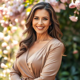 A beautiful and elegant middle-aged woman with a confident smile, wearing a stylish outfit that flatters her curves