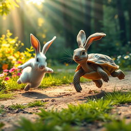 A dynamic scene depicting a turtle and a rabbit engaged in a race, showcasing their contrasting speeds