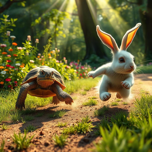 A dynamic scene depicting a turtle and a rabbit engaged in a race, showcasing their contrasting speeds