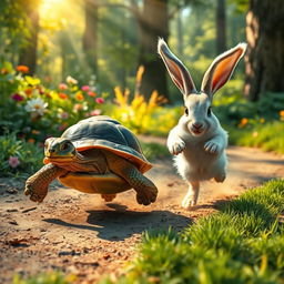 A dynamic scene depicting a turtle and a rabbit engaged in a race, showcasing their contrasting speeds