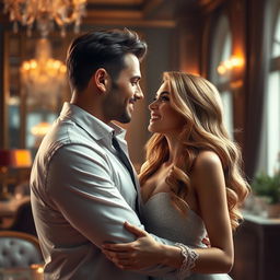 Imaginative depiction of a romantic scene between a famous football player and his partner, set in an elegant and luxurious environment