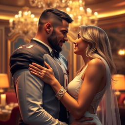 Imaginative depiction of a romantic scene between a famous football player and his partner, set in an elegant and luxurious environment