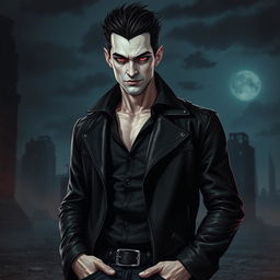 A tall male vampire with pale skin, striking black hair, and vivid crimson eyes stands in an apocalyptic city at night