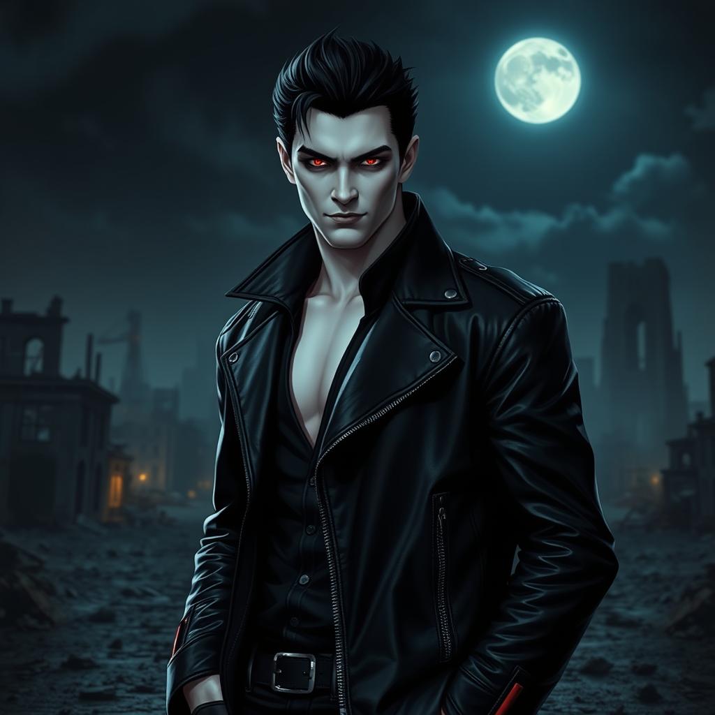 A tall male vampire with pale skin, striking black hair, and vivid crimson eyes stands in an apocalyptic city at night