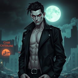 A tall male vampire with pale skin, striking black hair, and vivid crimson eyes stands in an apocalyptic city at night